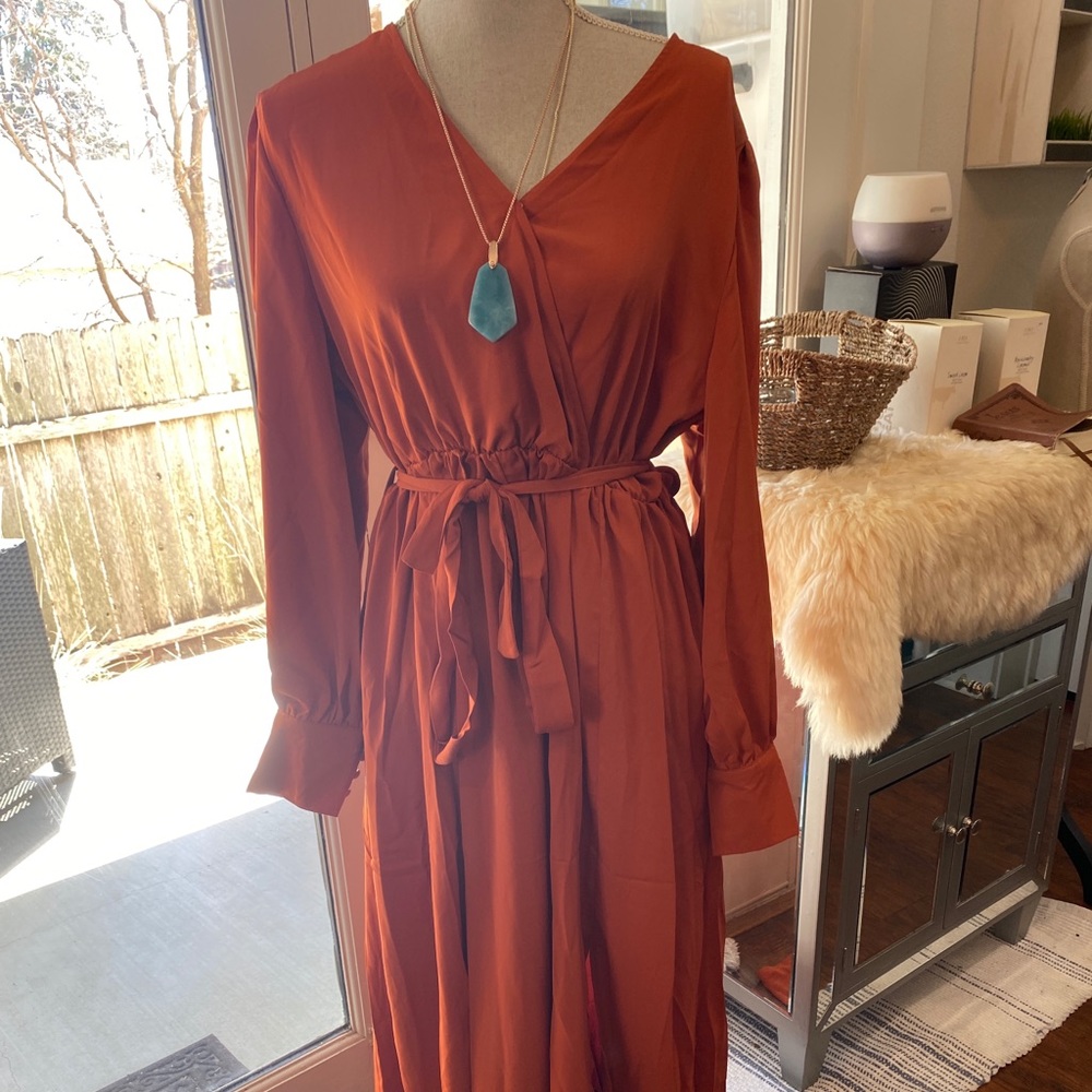 brand new long orange dress, adjustable tie around waist